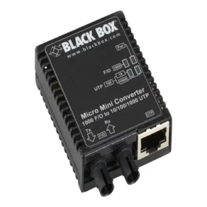 Black Box LMC4001A Gigabit media converter front view with fiber optic connector, RJ45 Ethernet port, and LED status indicators