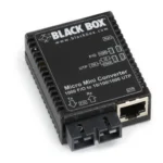 Black Box LMC4004A media converter front view with fiber optic connector, RJ45 Ethernet port, and LED status indicators for link and activity