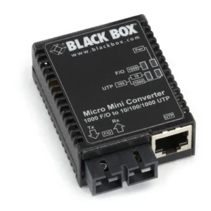 Black Box LMC4004A media converter front view with fiber optic connector, RJ45 Ethernet port, and LED status indicators for link and activity