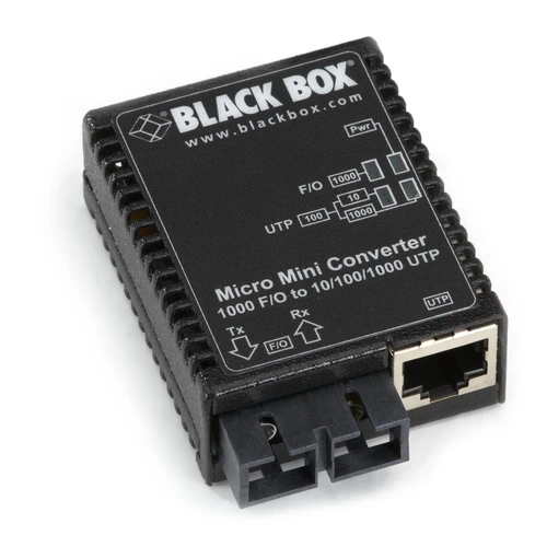 Black Box LMC4004A media converter front view with fiber optic connector, RJ45 Ethernet port, and LED status indicators for link and activity