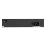 Black Box LPB3010A managed PoE+ switch back view with AC power input, console port for management, and ventilation fans for cooling