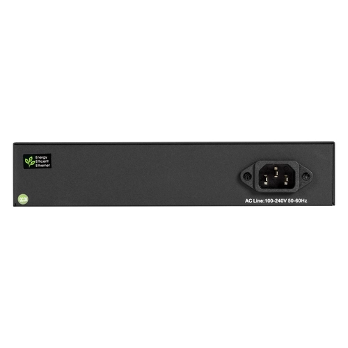 Black Box LPB3010A managed PoE+ switch back view with AC power input, console port for management, and ventilation fans for cooling
