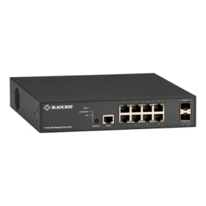 Black Box LPB3010A managed PoE+ Gigabit Ethernet switch front view with 8 10/100/1000-Mbps copper RJ45 PoE+ ports, 2 1G/10G SFP+ uplink ports, and comprehensive LED status indicators for PoE, link, and activity
