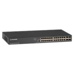 Black Box LPB3028A PoE+ switch front view with 24 PoE+ Gigabit Ethernet ports, 4 combo SFP slots, and comprehensive LED status indicators