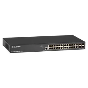 Black Box LPB3028A PoE+ switch front view with 24 PoE+ Gigabit Ethernet ports, 4 combo SFP slots, and comprehensive LED status indicators