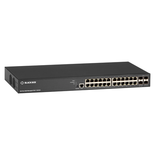 Black Box LPB3028A PoE+ switch front view with 24 PoE+ Gigabit Ethernet ports, 4 combo SFP slots, and comprehensive LED status indicators