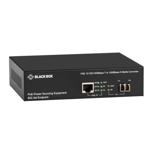 Black Box LPS500A-MM-LC-R3 media converter front view with LC multimode fiber connector and RJ45 Ethernet port