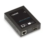 Black Box LPS535A-SFP media converter front view with SFP fiber slot, RJ45 Gigabit Ethernet port, and LED status indicators for link and activity