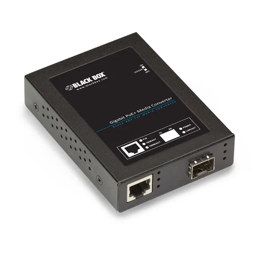 Black Box LPS535A-SFP media converter front view with SFP fiber slot, RJ45 Gigabit Ethernet port, and LED status indicators for link and activity