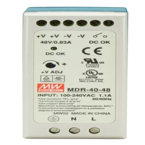 Black Box MDR-40-48 DIN rail power supply front view with LED DC power indicator and terminal connections for 48VDC output