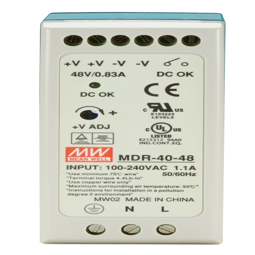 Black Box MDR-40-48 DIN rail power supply front view with LED DC power indicator and terminal connections for 48VDC output
