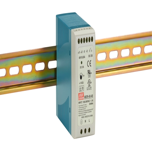 Black Box MDR-40-48 DIN rail power supply side view showing compact DIN-rail form factor for control cabinet installation