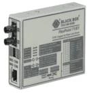 Black Box FlexPoint MT660A-MM media converter front view with fiber optic connectors, RJ45 Ethernet port, and LED status indicators for link and activity