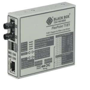 Black Box FlexPoint MT660A-MM media converter front view with fiber optic connectors, RJ45 Ethernet port, and LED status indicators for link and activity