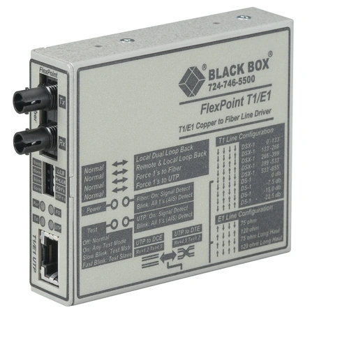 Black Box FlexPoint MT660A-MM media converter front view with fiber optic connectors, RJ45 Ethernet port, and LED status indicators for link and activity