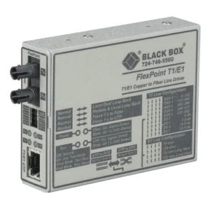Black Box MT661A-SM fiber optic media converter side view showing compact desktop or wall-mount enclosure