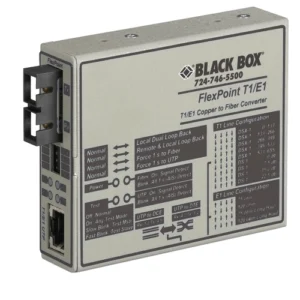 Black Box FlexPoint MT662A-MSC managed T1/E1 media converter front view with SC multimode fiber connector, RJ45/RJ48 copper port, and LED indicators for T1/E1 link status and line segment errors