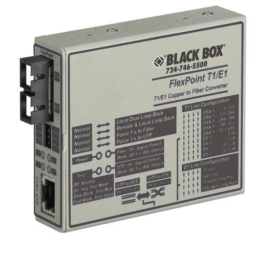 Black Box FlexPoint MT662A-MSC managed T1/E1 media converter front view with SC multimode fiber connector, RJ45/RJ48 copper port, and LED indicators for T1/E1 link status and line segment errors