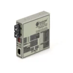 Black Box MT663A-SSC media converter front view with SC singlemode fiber connector, RJ45 Ethernet port, and auto-negotiation LED indicators