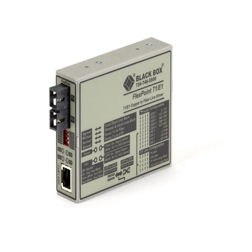 Black Box MT663A-SSC media converter front view with SC singlemode fiber connector, RJ45 Ethernet port, and auto-negotiation LED indicators