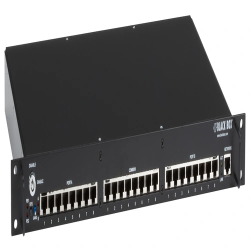 Black Box NBSALL8MGR Pro Switching System back view with eight Common ports, eight A ports, eight B ports, dual redundant power inputs, RS-232 serial console port, and 10BASE-T Ethernet management port