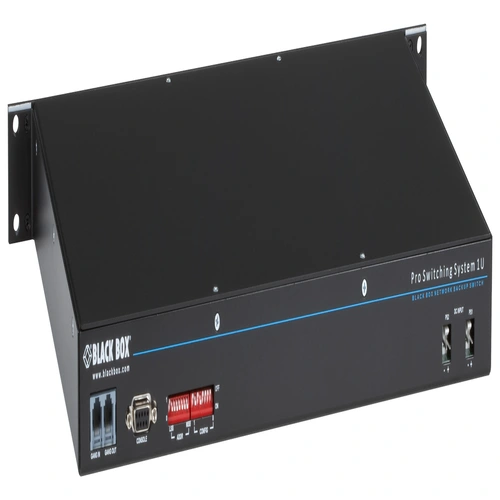 Black Box NBSALL8MGR Pro Switching System front view showing 1U rack-mount chassis with eight RJ-45 A/B switch ports, momentary toggle switch, and key-lockable gang switching control