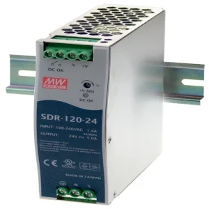 Black Box SDR-PS Series SDR-120-24 DIN rail power supply front view showing LED DC power indicator, finger-safe terminals, and compact width for control cabinet installation