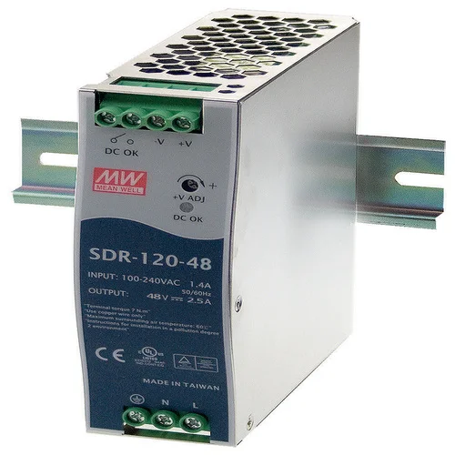 Black Box SDR-PS Series SDR-120-48 DIN rail power supply front view showing LED DC power indicator, finger-safe terminals, and 4cm compact width for control cabinet installation