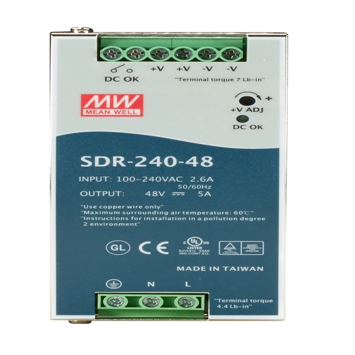 Black Box SDR-240-48 industrial DIN-rail power supply front view with 48V DC output, LED status indicators, and DIN-rail clip