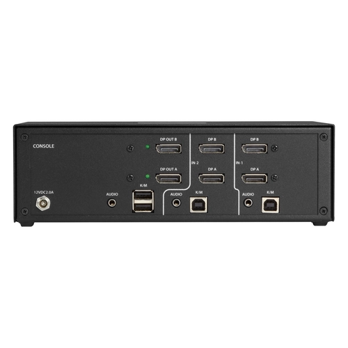 Black Box SECURE SS2P-DH-DP-U KVM switch back view showing dual DisplayPort inputs, USB keyboard and mouse ports, audio jacks, and external power supply with locking connector