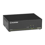 Black Box SECURE SS2P-DH-DP-U KVM switch front view with two channel selection buttons, tamper-proof seals, and LED port indicators for secure switching between isolated networks