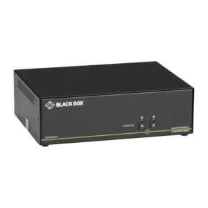 Black Box SECURE SS2P-DH-DP-U KVM switch front view with two channel selection buttons, tamper-proof seals, and LED port indicators for secure switching between isolated networks