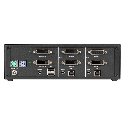 Black Box SECURE SS2P-DH-DVI-U KVM switch back view showing dual DVI-I video inputs, USB HID ports for keyboard and mouse, PS2 ports, stereo audio jacks, and locking power connector