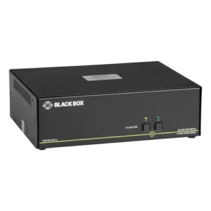 Black Box SECURE SS2P-DH-DVI-U KVM switch front view with two channel selection buttons, tamper-evident hologram seals, LED port indicators, and anti-tamper protection features