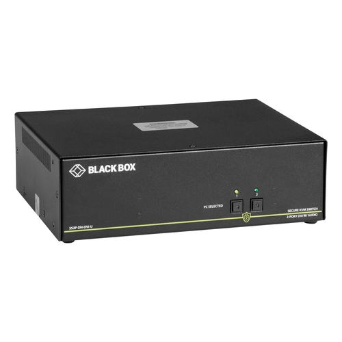 Black Box SECURE SS2P-DH-DVI-U KVM switch front view with two channel selection buttons, tamper-evident hologram seals, LED port indicators, and anti-tamper protection features