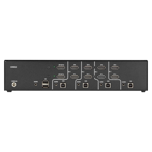 Black Box SECURE SS4P-DH-DP-U KVM switch back view showing dual DisplayPort inputs, USB keyboard and mouse ports, audio jacks, and external power supply with locking connector