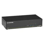 Black Box SECURE SS4P-DH-DP-U KVM switch front view with four channel selection buttons, tamper-proof seals, and LED port indicators for secure switching between isolated networks