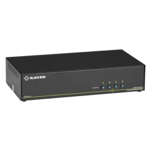 Black Box SECURE SS4P-DH-DP-U KVM switch front view with four channel selection buttons, tamper-proof seals, and LED port indicators for secure switching between isolated networks