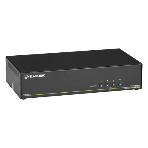 Black Box SECURE SS4P-DH-DP-U KVM switch front view with four channel selection buttons, tamper-proof seals, and LED port indicators for secure switching between isolated networks
