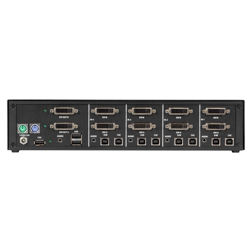 Black Box SECURE SS4P-DH-DVI-UCAC KVM switch back view showing dual DVI-D inputs, USB-C interfaces, USB keyboard and mouse ports, audio jacks, and locking power connector