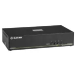 Black Box SECURE SS4P-DH-DVI-UCAC KVM switch front view with four channel selection buttons, tamper-proof seals, and LED indicators for secure switching between isolated networks