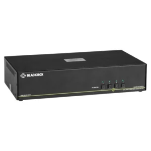 Black Box SECURE SS4P-DH-DVI-UCAC KVM switch front view with four channel selection buttons, tamper-proof seals, and LED indicators for secure switching between isolated networks