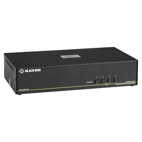 Black Box SECURE SS4P-DH-DVI-UCAC KVM switch front view with four channel selection buttons, tamper-proof seals, and LED indicators for secure switching between isolated networks