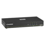 Black Box SECURE SS4P-SH-DVI-U KVM switch front view with channel selection buttons, tamper-proof seals, and LED port indicators for secure switching between isolated networks