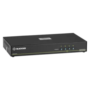 Black Box SECURE SS4P-SH-DVI-U KVM switch front view with channel selection buttons, tamper-proof seals, and LED port indicators for secure switching between isolated networks