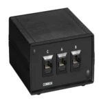 Black Box SW1030A fiber optic A/B switch back view with power input and optical switching mechanism