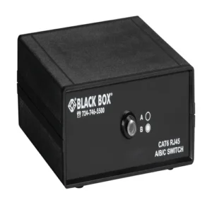 Black Box SW1030A fiber optic A/B switch front view with fiber connectors and rotary switch for network selection