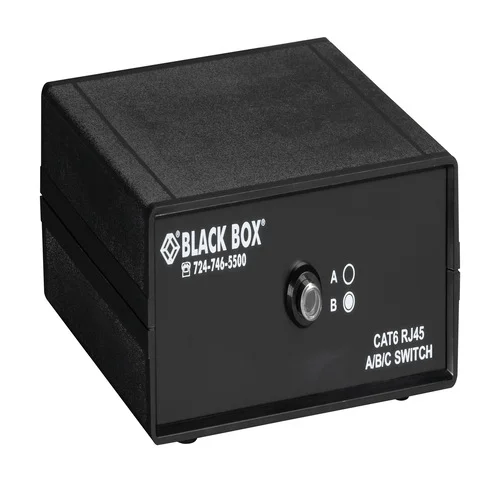 Black Box SW1030A fiber optic A/B switch front view with fiber connectors and rotary switch for network selection