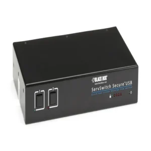Black Box SW2006A-USB-EAL secure switch front view with channel selection buttons, tamper-proof seals, and LED indicators for certified secure switching