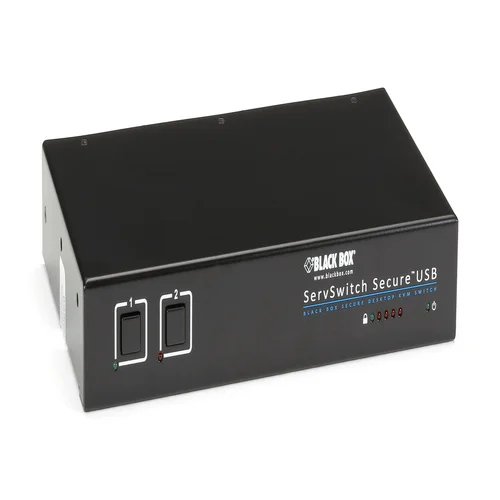 Black Box SW2006A-USB-EAL secure switch front view with channel selection buttons, tamper-proof seals, and LED indicators for certified secure switching